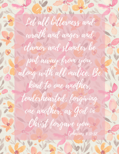 Let all bitterness and wrath and anger and clamor and slander be put away from you, along with all malice. 32 Be kind to one another, tenderhearted, forgiving one another, as God in Chri